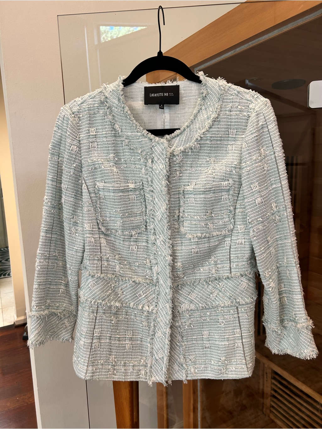 Lafayette 148 New York Pale Blue Tweed Fringe-Trim Jacket